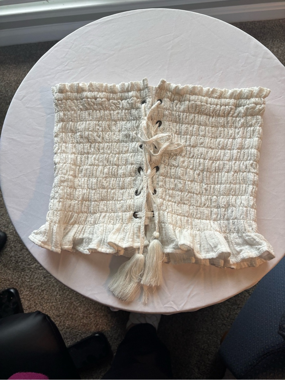 American Eagle Outfitters Cream Smocked Lace-Up Table Accent with Tassels